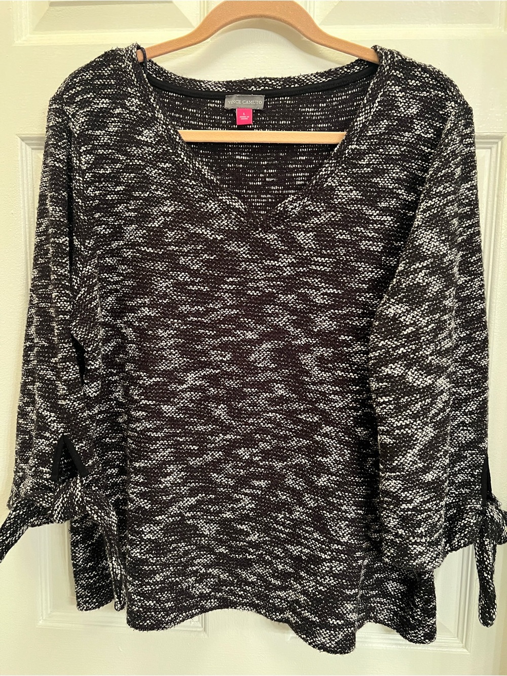 Vince Camuto Black & White Marled V-Neck Tie-Sleeve Sweater